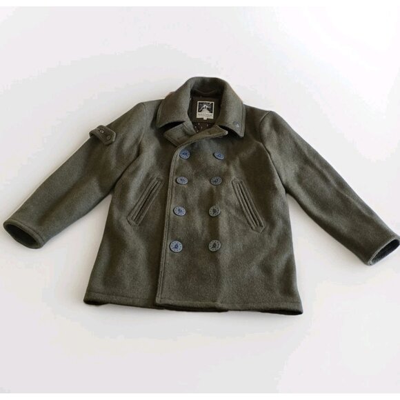 & Sons Heavy Wool Blend Peacoat Mens M Military Green Elbow Patches Storm Collar - Picture 8 of 16